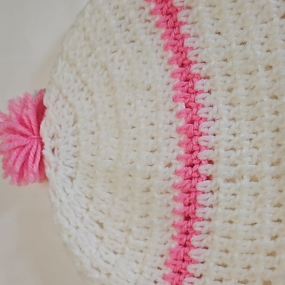 Hand Crafted Knitted beanie Handmade hat white & pink Stripes hand knit pom pom - Picture 11 of 17